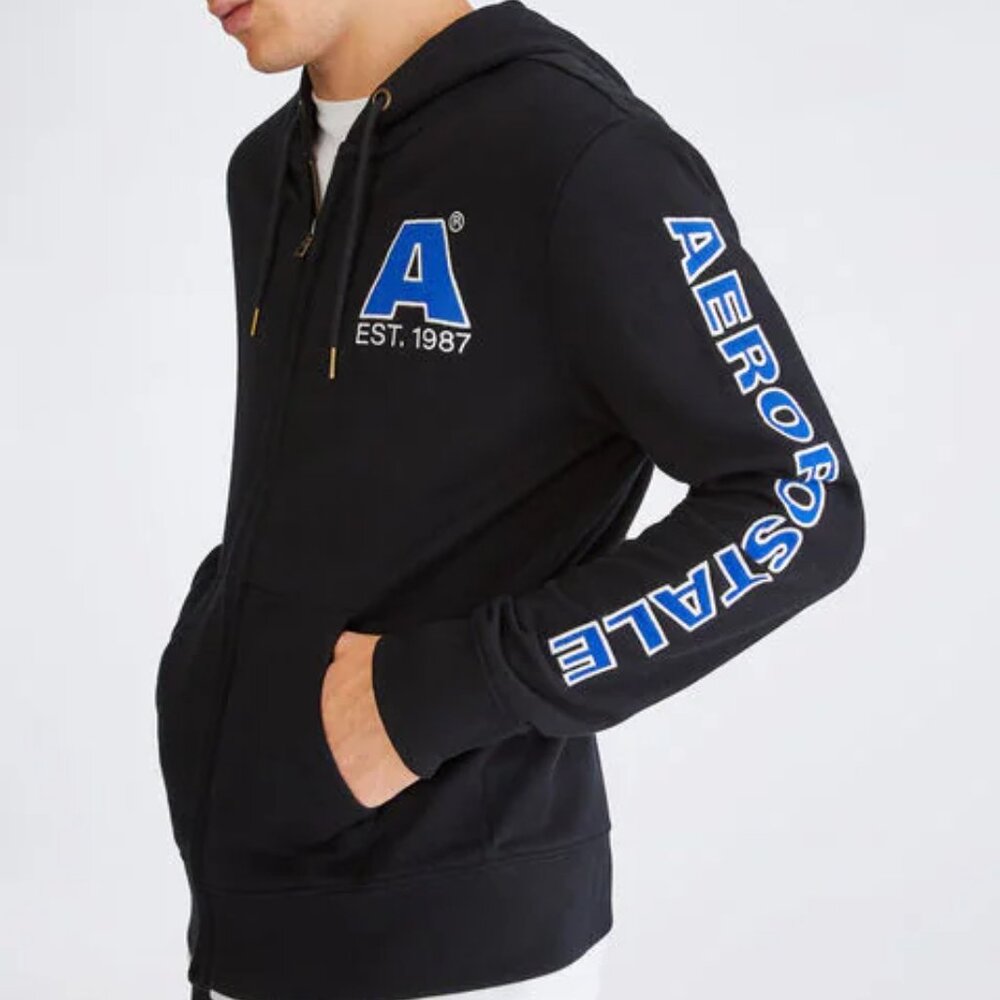 Aeropostale Logo Heritage Full-Zip Hoodie in Black Men's Size Medium